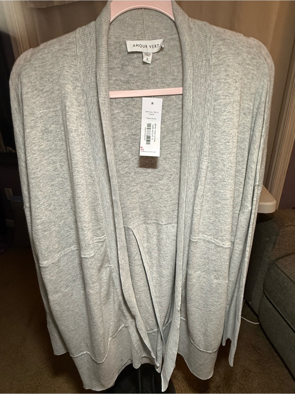 Amour Vert Open-Front Sweater Cardigan - Light Gray XL